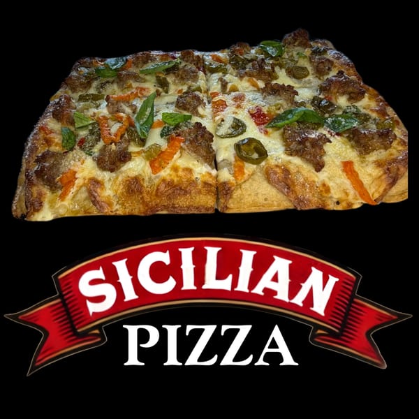 Leona's Pizzeria Sicilian pizza with sausage, peppers, and basil on a dark background.