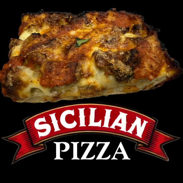 A thick slice of Leona's Sicilian pizza with melted cheese and tomato sauce, above a red banner.
