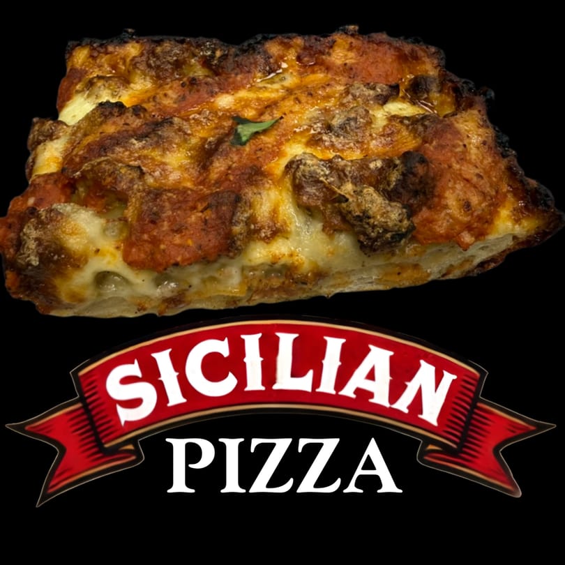 A thick slice of Leona's Sicilian pizza with melted cheese and tomato sauce, above a red banner.