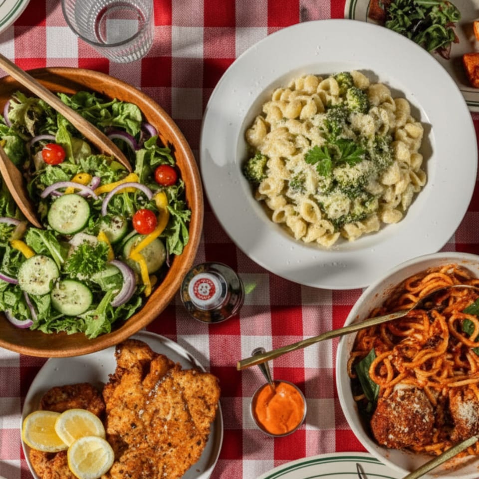 A red and white checkered tablecloth holds a spread of Italian dishes: salad, pasta, chicken, and spaghetti.