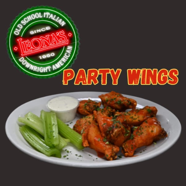 Leona's Pizzeria Party Wings with celery sticks and ranch dressing on a white plate.