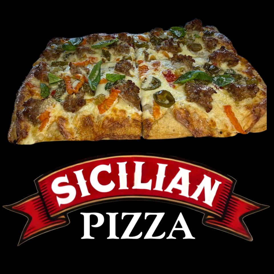 Leona's Pizzeria Sicilian pizza with sausage, peppers, and basil on a dark background.