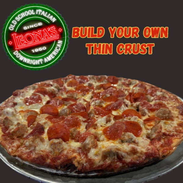 Leona's Pizzeria thin crust pizza with pepperoni and sausage, with the restaurant logo and text.