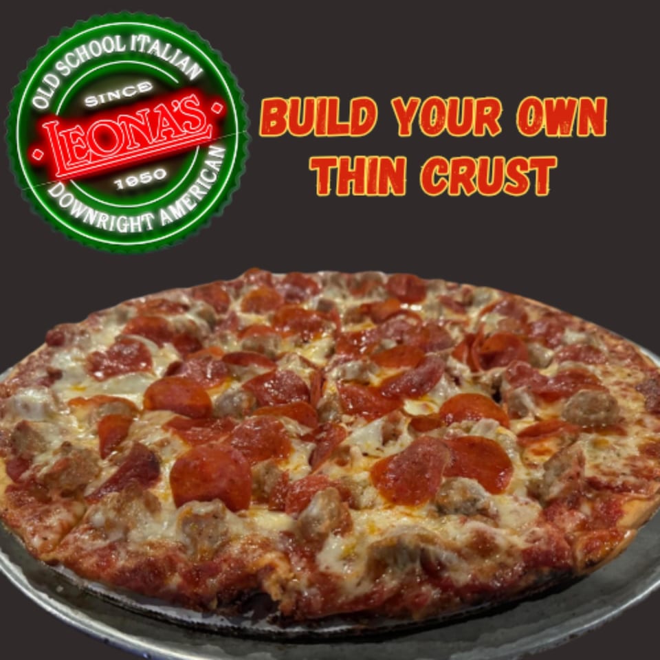 Leona's Pizzeria thin crust pizza with pepperoni and sausage, with the restaurant logo and text.