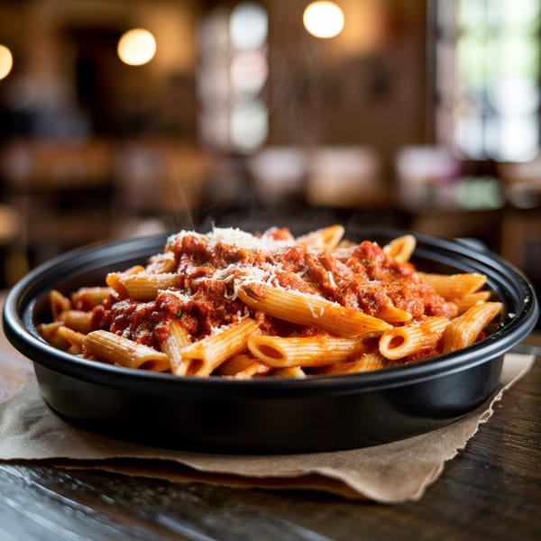 Steaming penne pasta with red sauce and grated cheese in a black bowl at Leona's Pizzeria.
