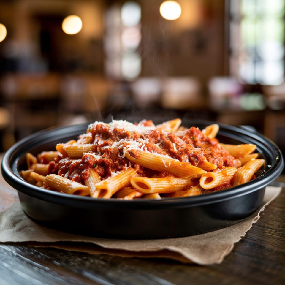 Steaming penne pasta with red sauce and grated cheese in a black bowl at Leona's Pizzeria.