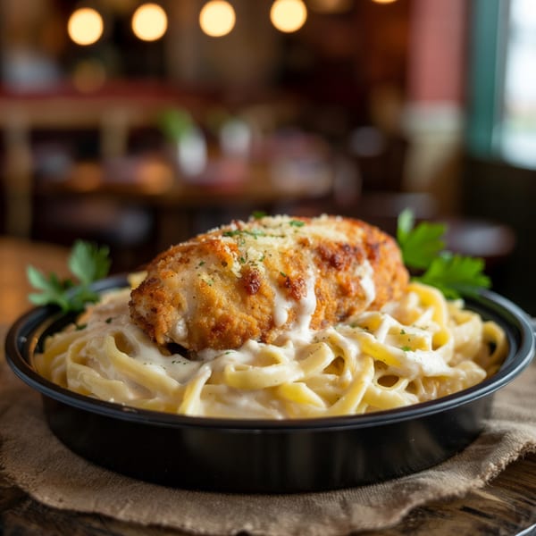 Leona's Pizzeria's chicken parmesan with fettuccine alfredo in a black bowl.