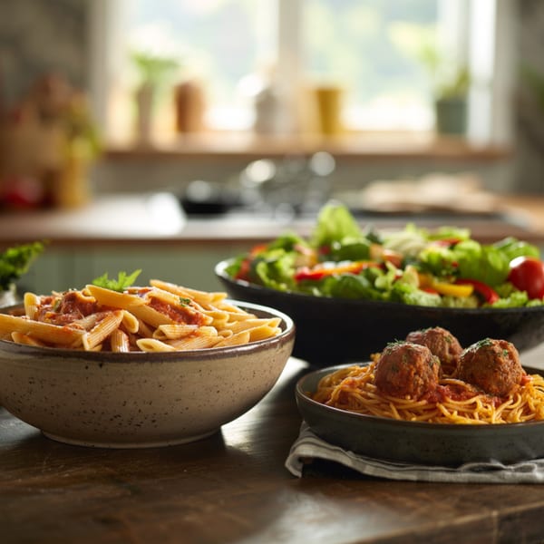 Bowls of penne pasta, spaghetti with meatballs, and a fresh green salad on a wooden table.