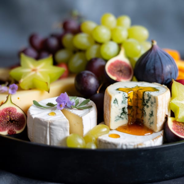 Cheese board with various cheeses, figs, grapes, and star fruit, drizzled with honey.