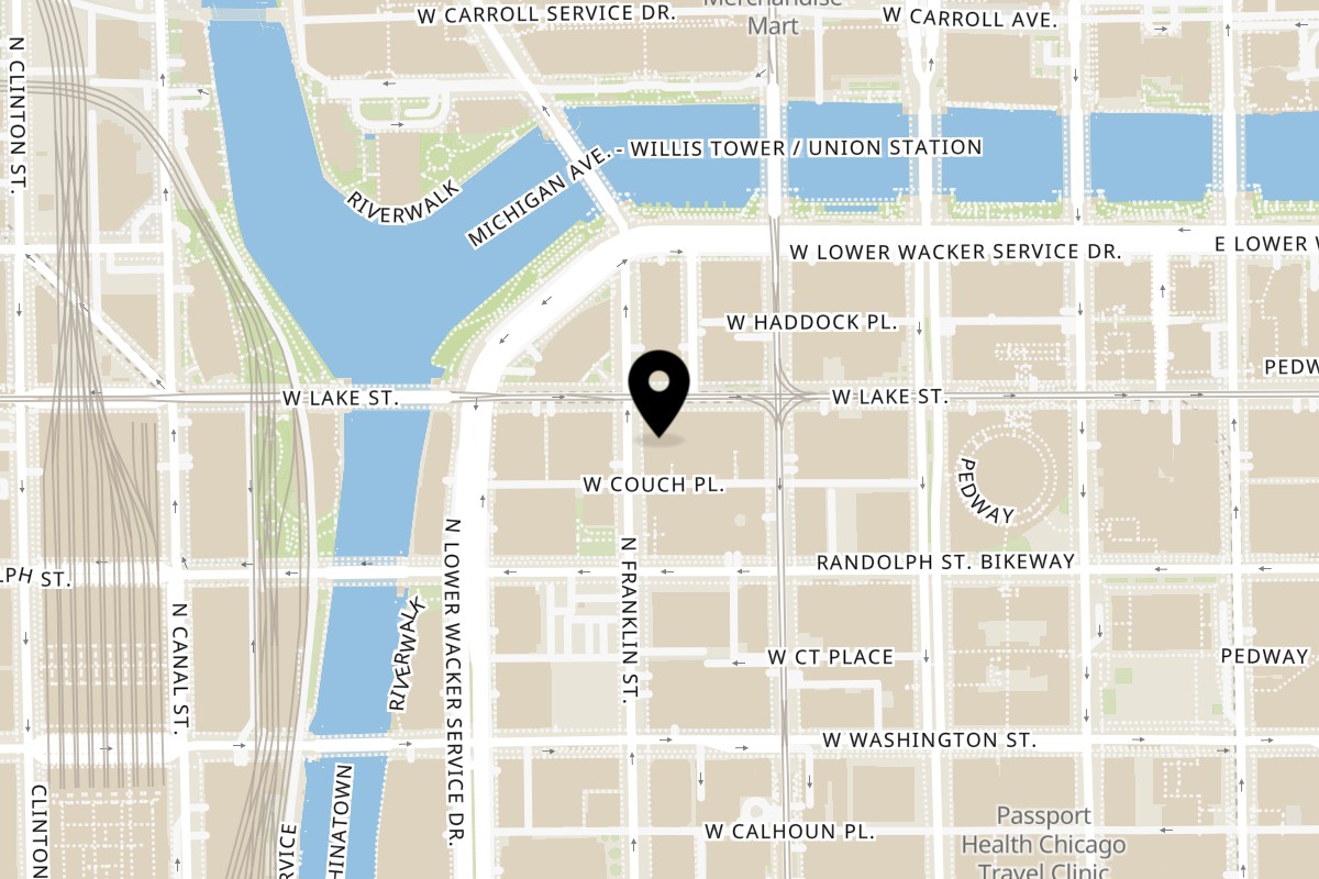 Map showing the location of Leona's Pizzeria North Franklin on 175 N Franklin St Suite 106 in Chicago