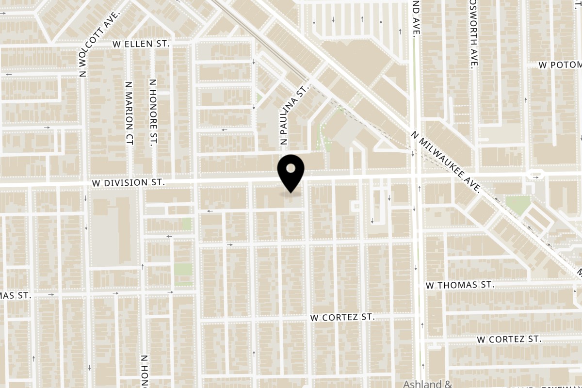 Map showing the location of Leona's Pizzeria Wicker Park on 1707 W Division St in Chicago